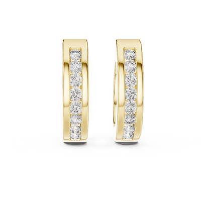 Front view of Modern Spark diamond huggie earrings in yellow gold.