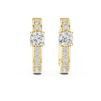 Front view of Luminous Halo diamond huggie earrings in yellow gold with round center stones.