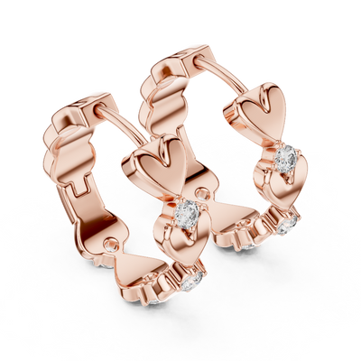 Side profile of rose gold romantic heart motif diamond hoop earrings.