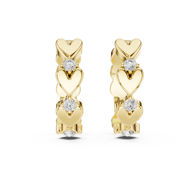 Front view of Sweet Heart diamond huggie earrings in yellow gold.