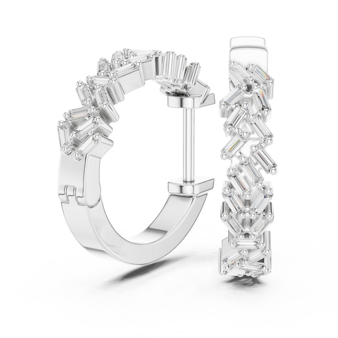 Gold baguette diamond hoop earrings for women