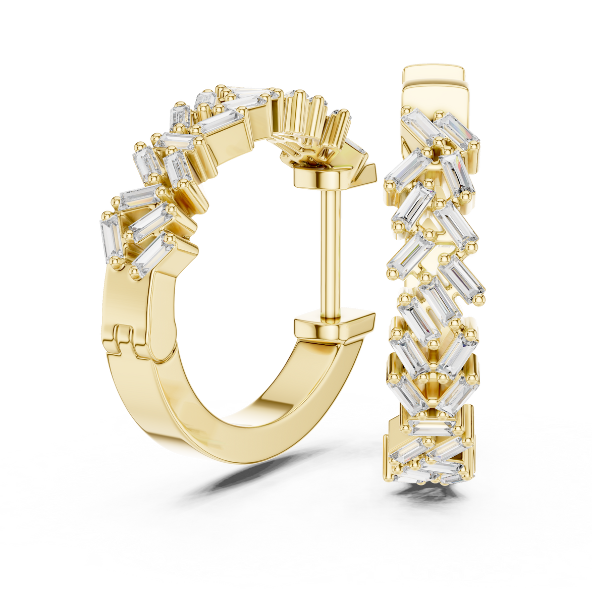 Gold baguette diamond hoop earrings for women