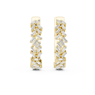 Front view of Radiant Mosaic diamond huggie earrings in yellow gold.