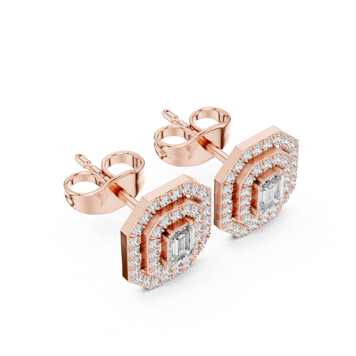 Emerald cut halo lab grown diamond stud earrings in gold by Signora Jewels