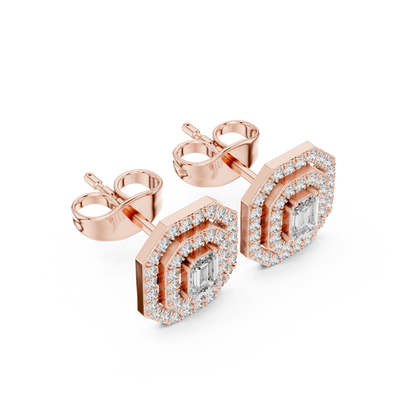 Side profile of rose gold emerald cut double halo stud earrings.