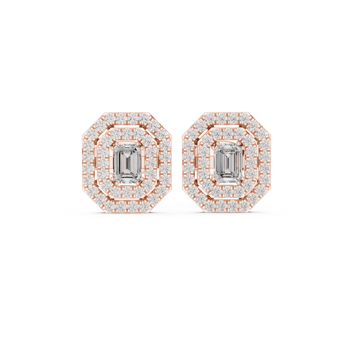 Emerald cut halo lab grown diamond stud earrings in gold by Signora Jewels