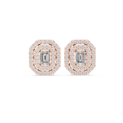 Emerald cut halo lab grown diamond stud earrings in gold by Signora Jewels