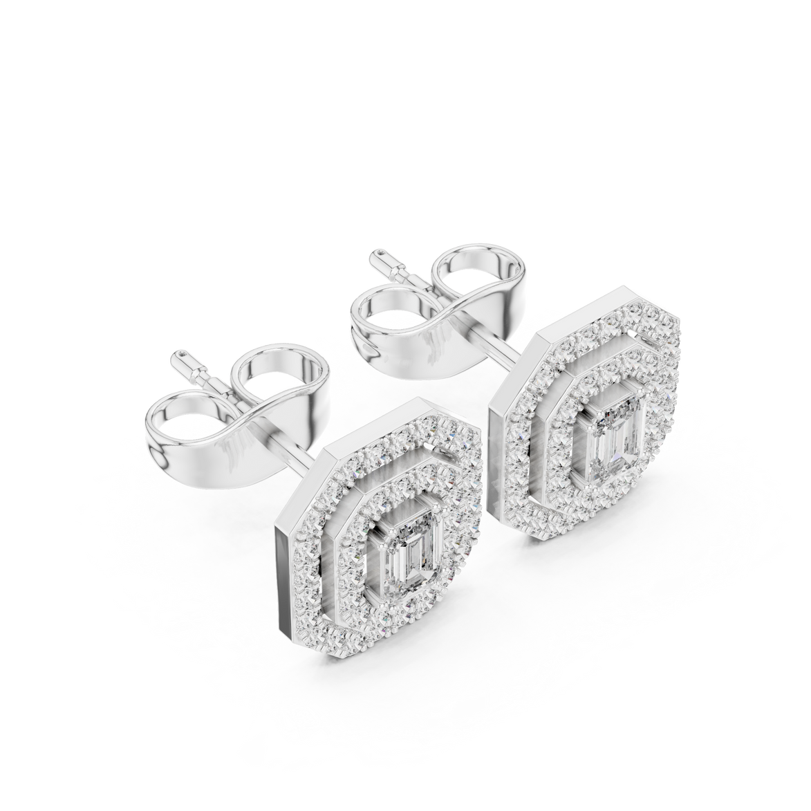Emerald cut halo lab grown diamond stud earrings in gold by Signora Jewels