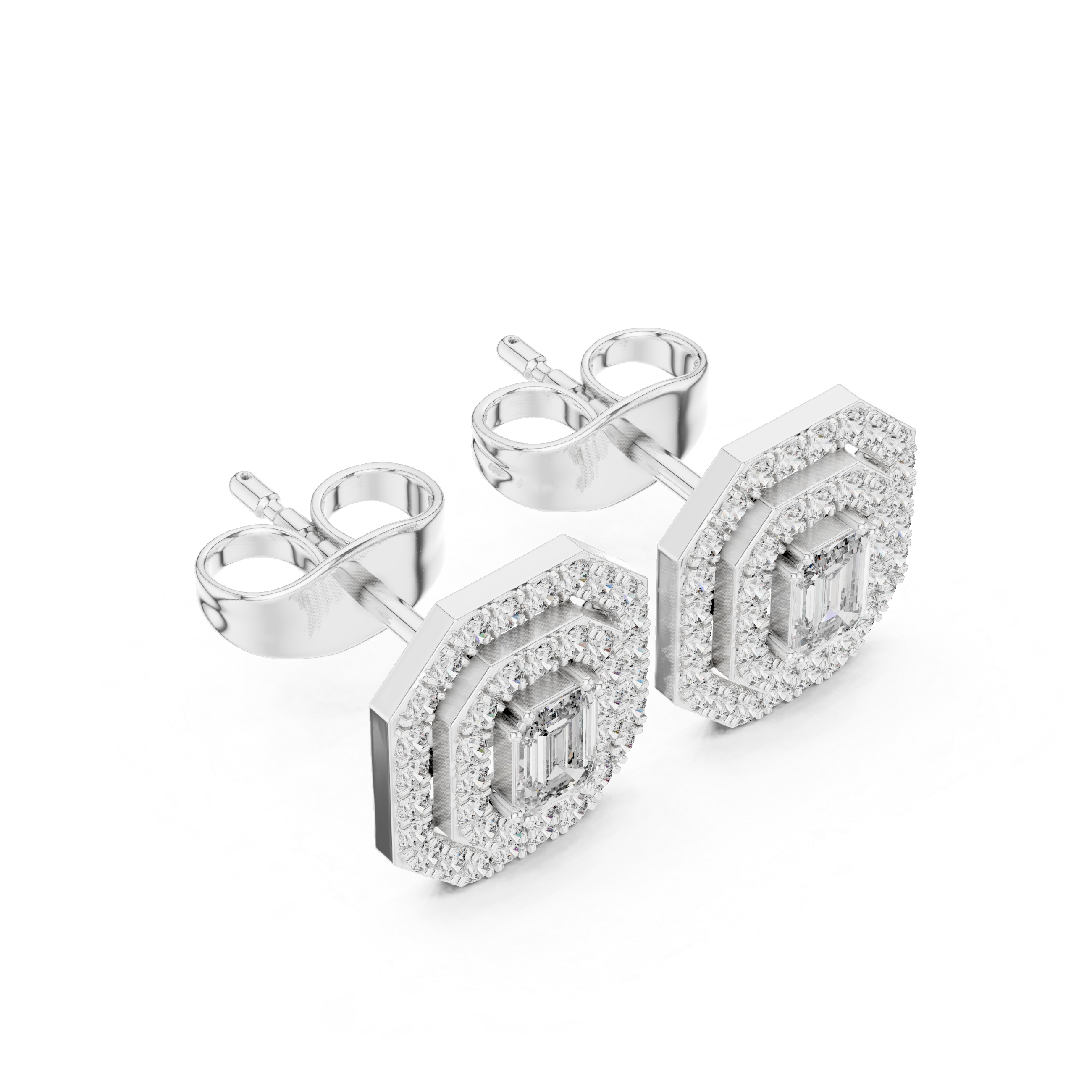 Emerald cut halo lab grown diamond stud earrings in gold by Signora Jewels