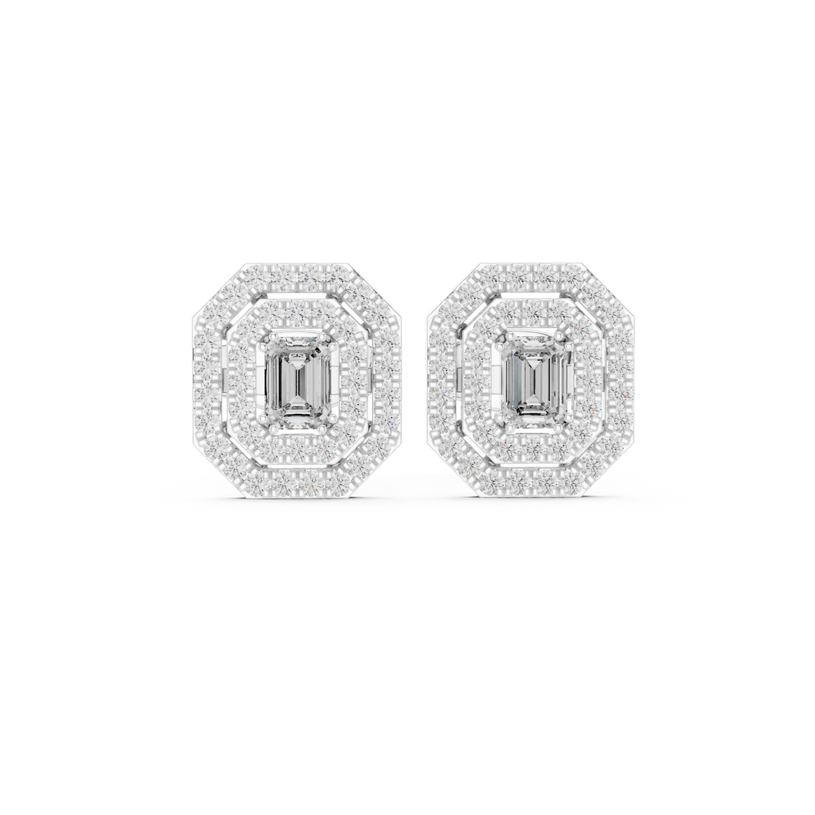 Emerald cut halo lab grown diamond stud earrings in gold by Signora Jewels