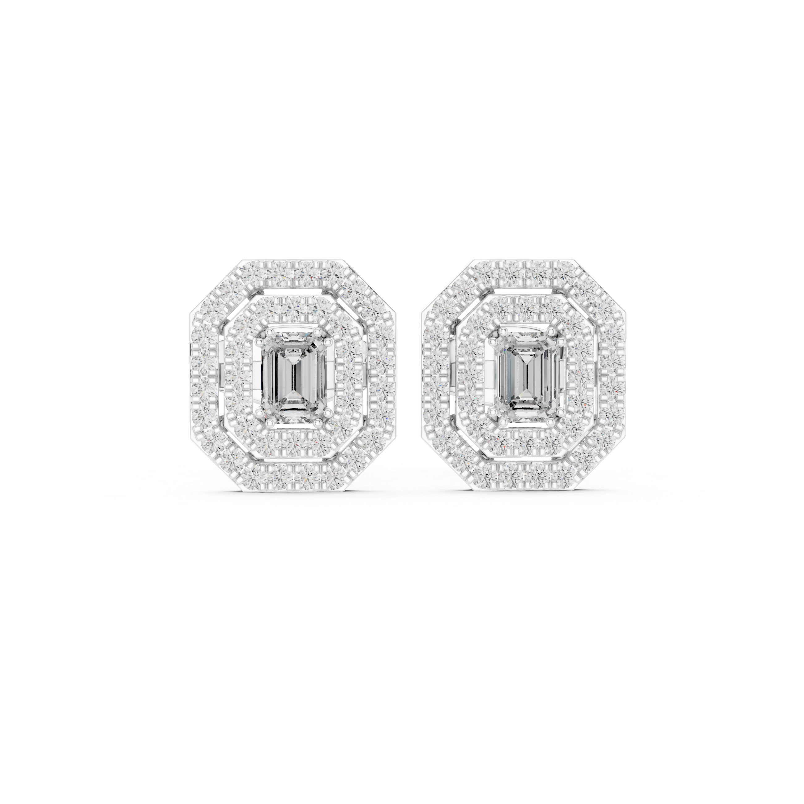 Emerald cut halo lab grown diamond stud earrings in gold by Signora Jewels