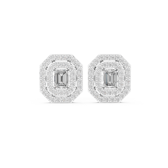 Emerald cut halo lab grown diamond stud earrings in gold by Signora Jewels