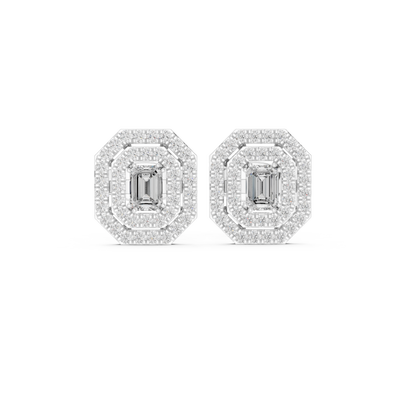 Emerald cut halo lab grown diamond stud earrings in gold by Signora Jewels