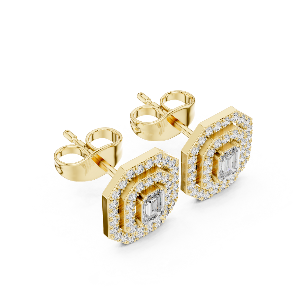 Emerald cut halo lab grown diamond stud earrings in gold by Signora Jewels