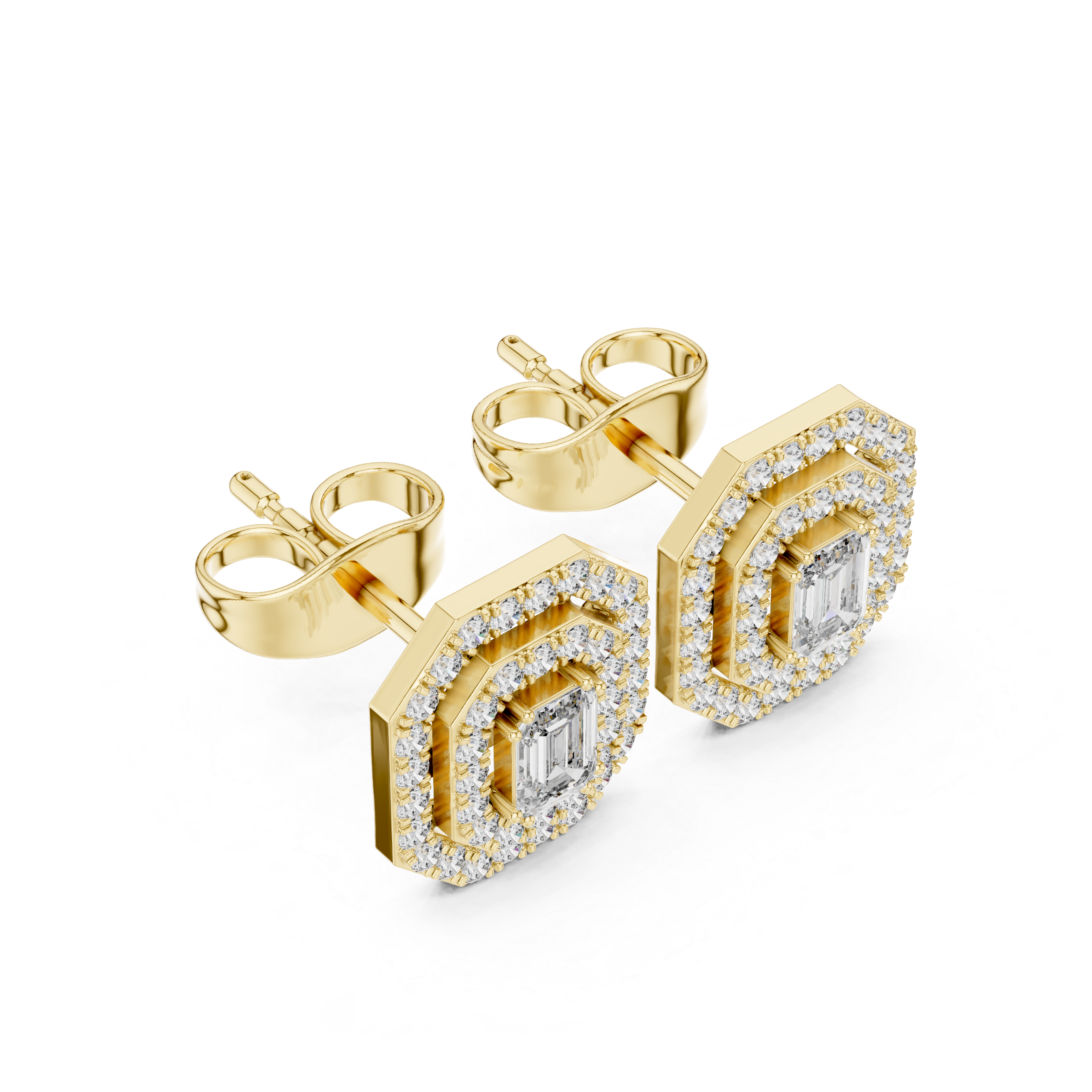 Emerald cut halo lab grown diamond stud earrings in gold by Signora Jewels