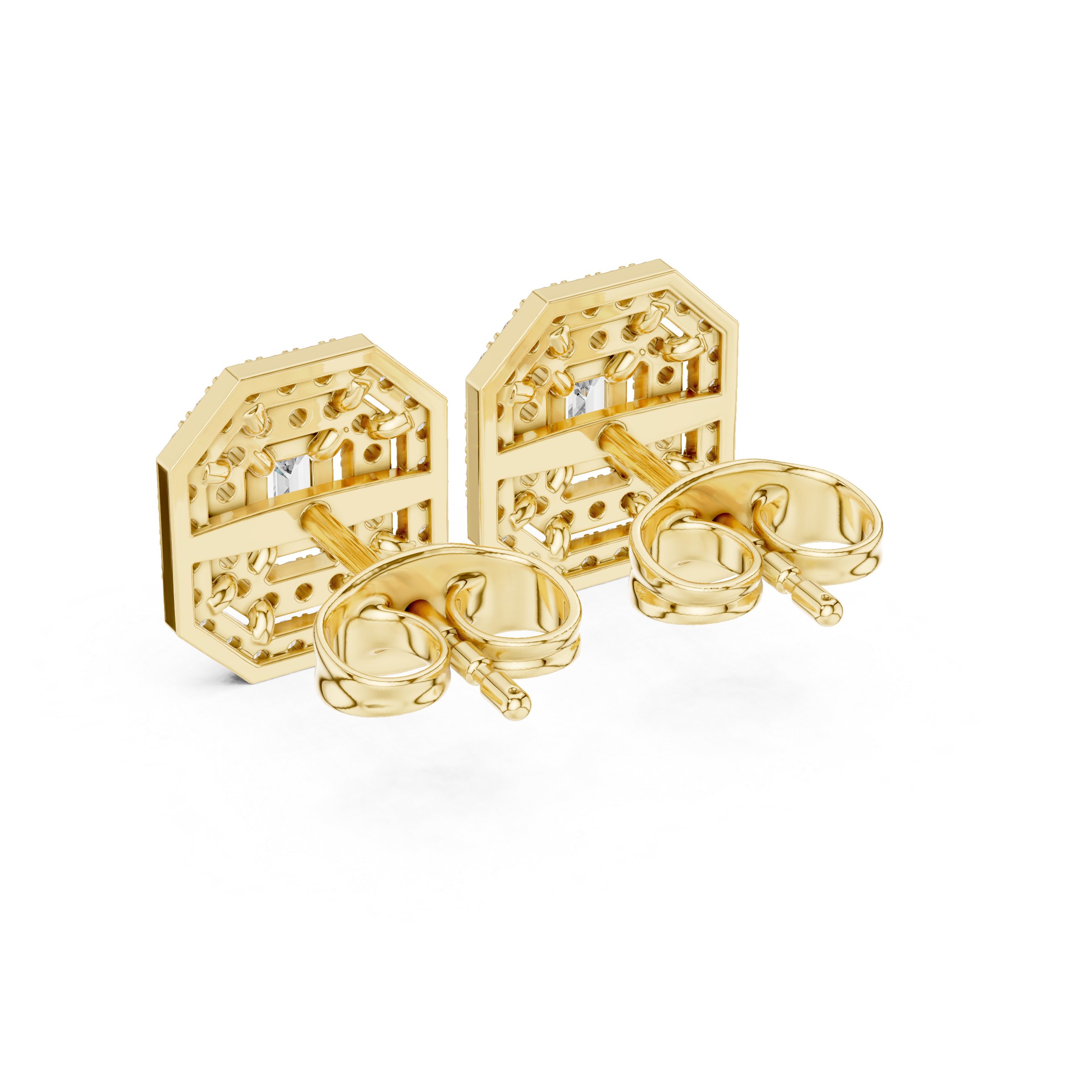 Emerald cut halo lab grown diamond stud earrings in gold by Signora Jewels