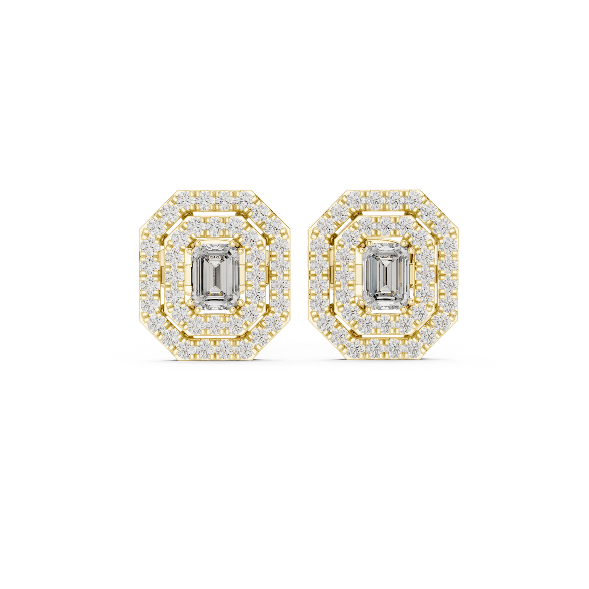 Emerald cut halo lab grown diamond stud earrings in gold by Signora Jewels