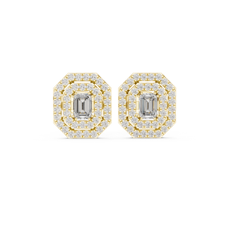 Front view of Deco Radiance emerald halo diamond stud earrings in yellow gold.
