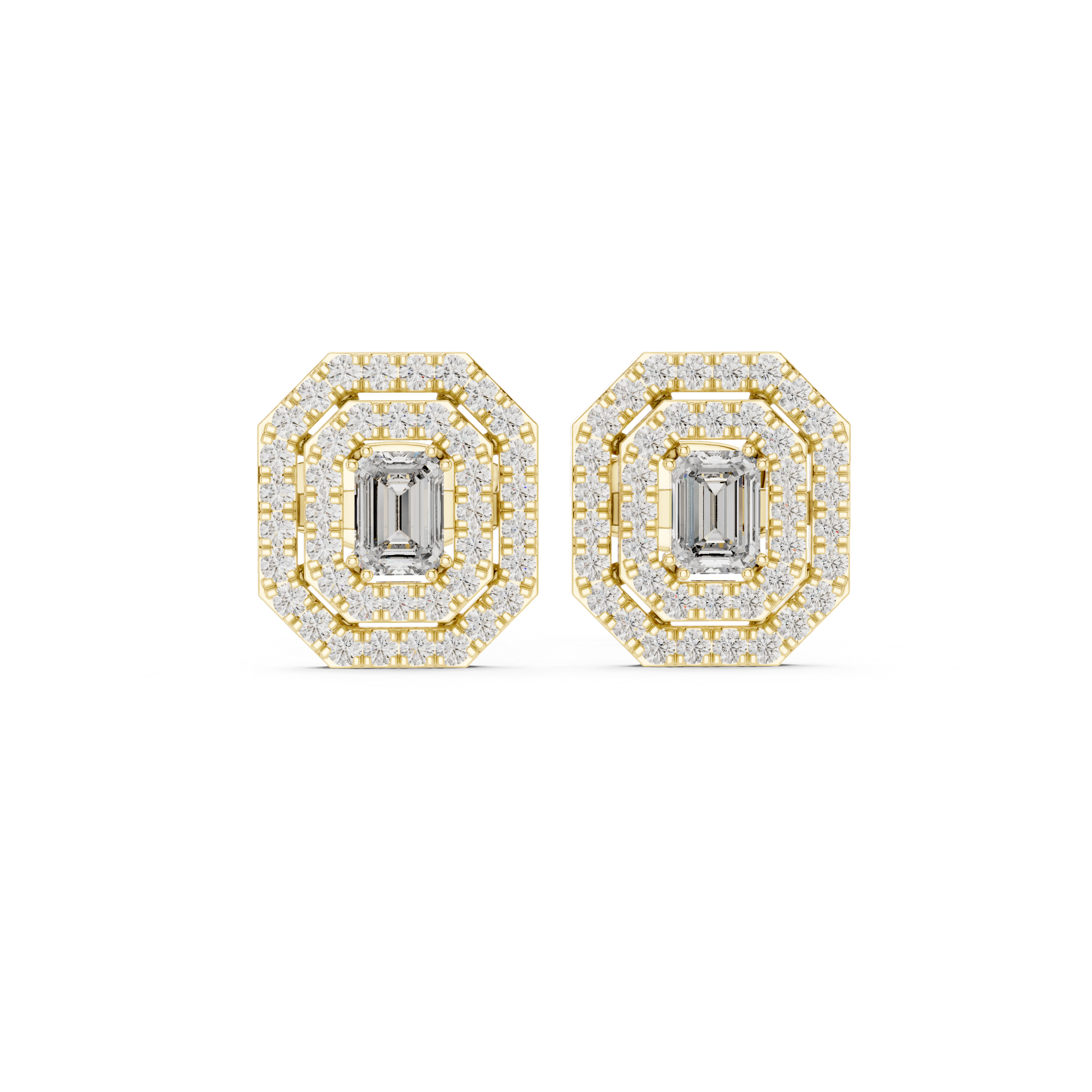 Emerald cut halo lab grown diamond stud earrings in gold by Signora Jewels