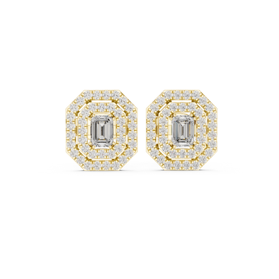 Front view of Deco Radiance emerald halo diamond stud earrings in yellow gold.