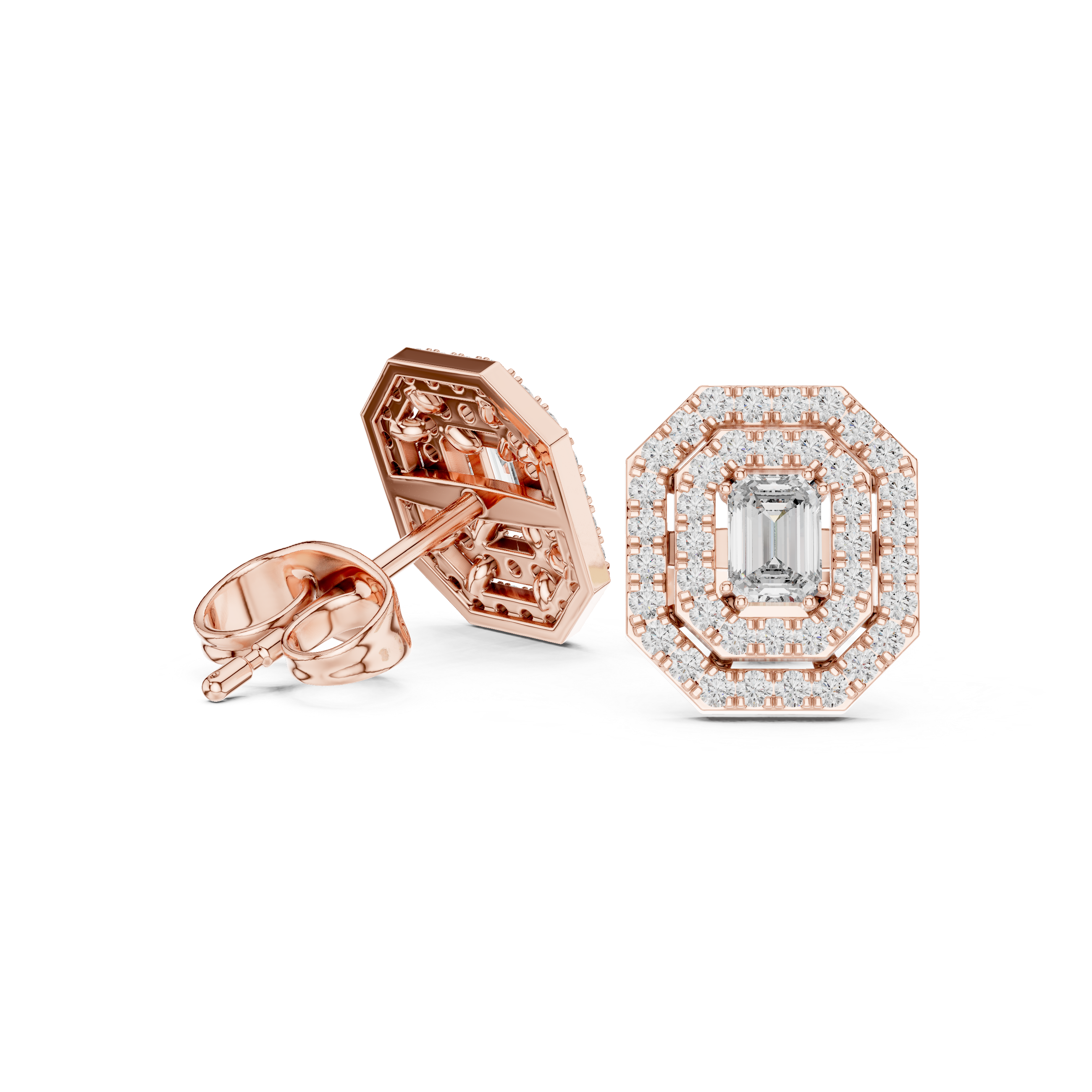 Emerald cut halo lab grown diamond stud earrings in gold by Signora Jewels