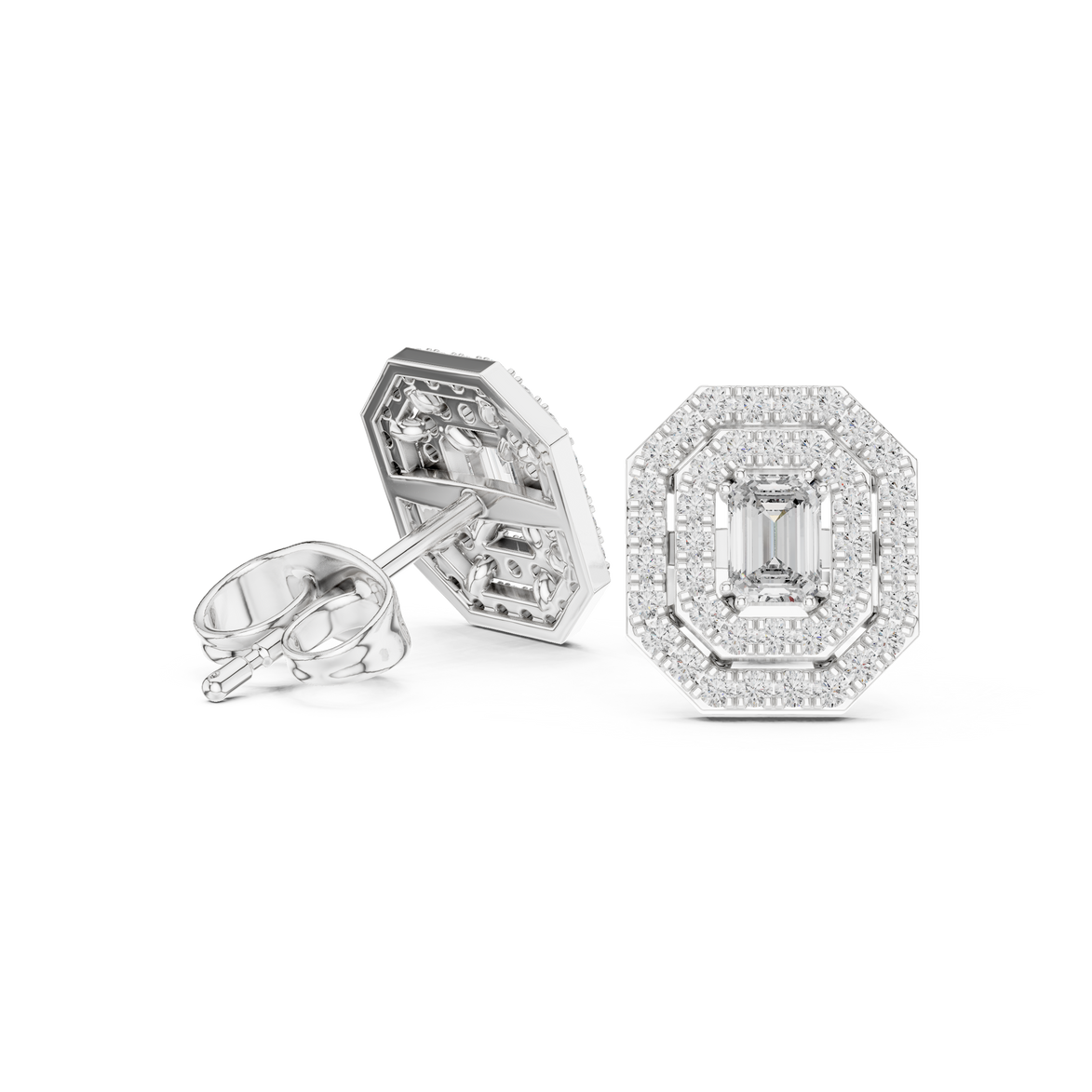 Emerald cut halo lab grown diamond stud earrings in gold by Signora Jewels