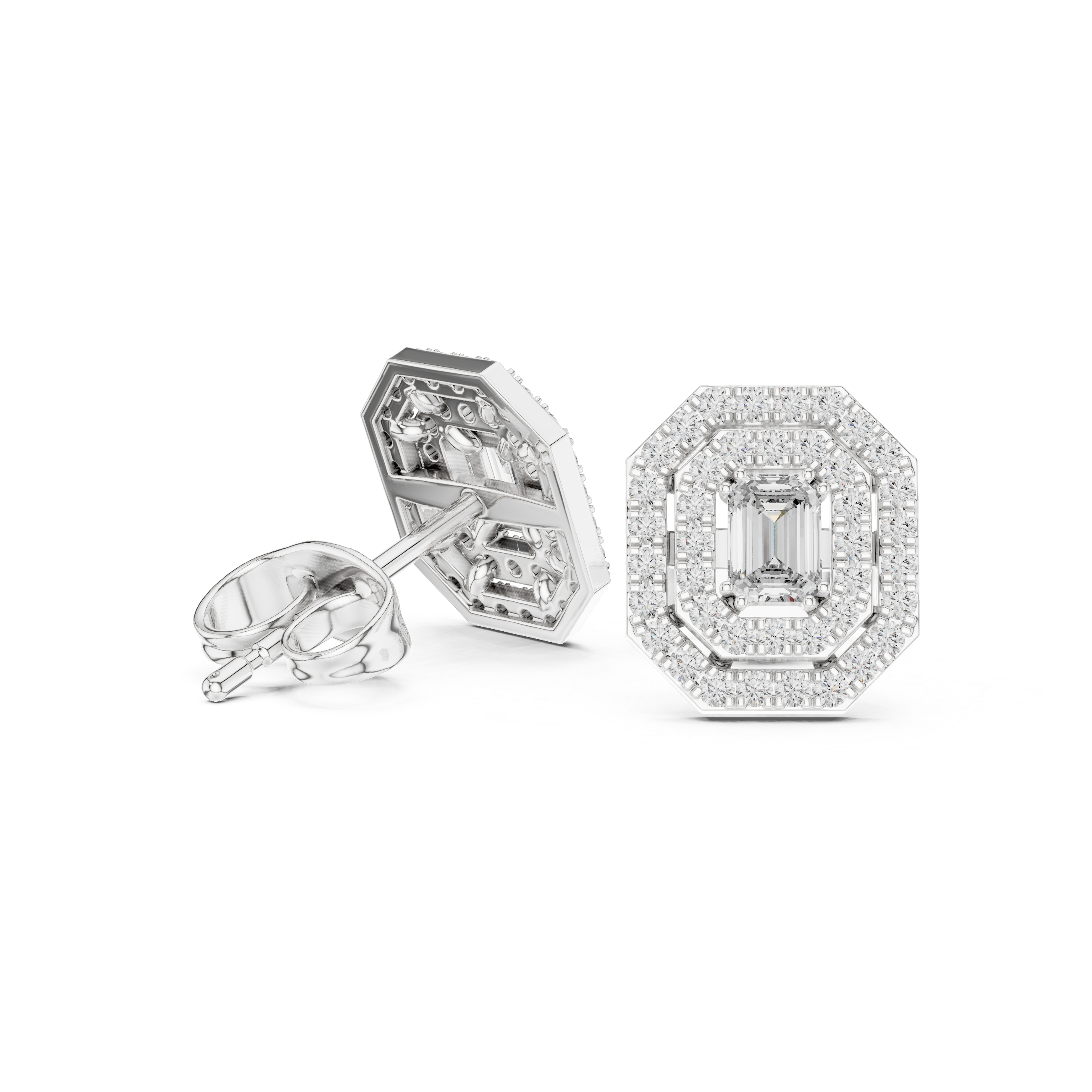 Emerald cut halo lab grown diamond stud earrings in gold by Signora Jewels