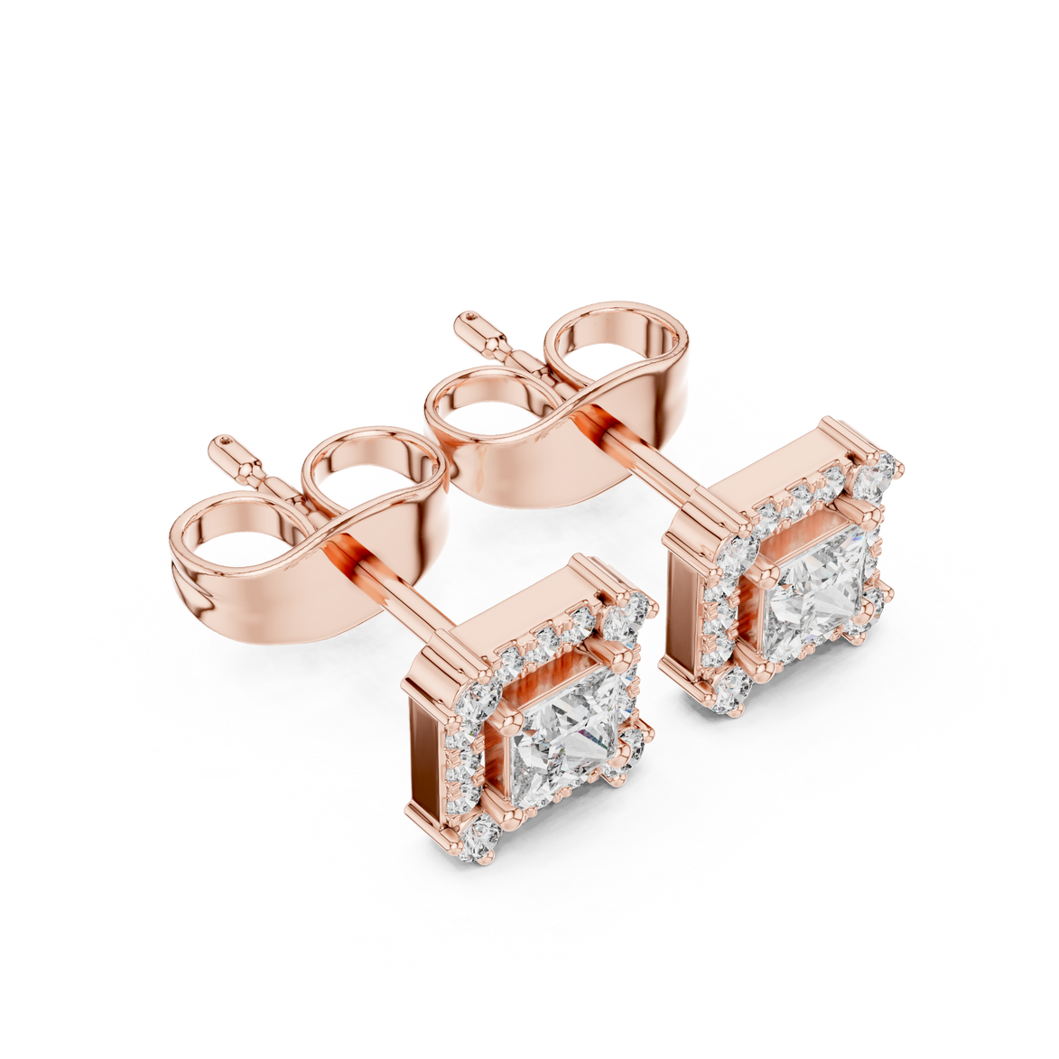 Princess cut halo lab grown diamond stud earrings in gold by Signora Jewels