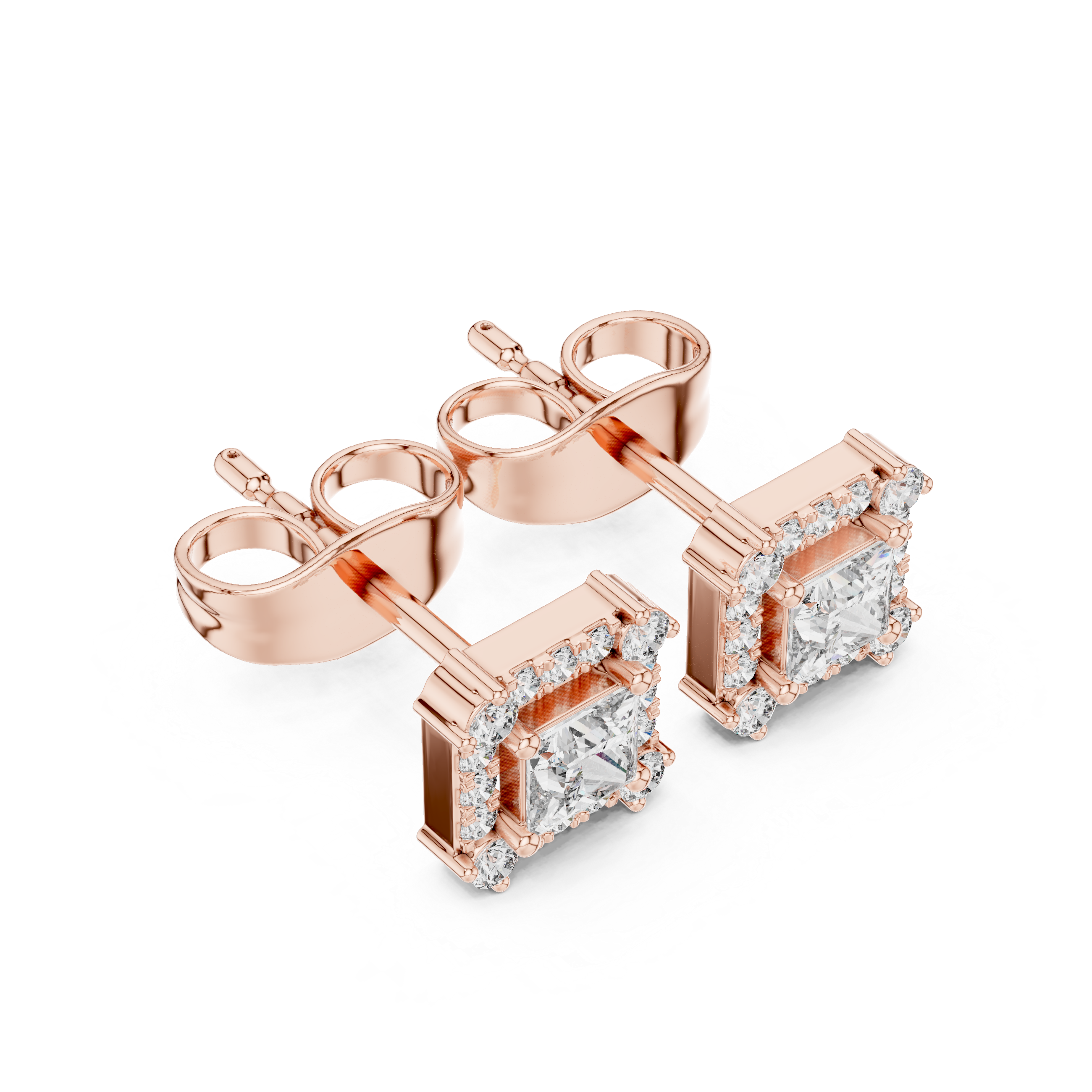 Princess cut halo lab grown diamond stud earrings in gold by Signora Jewels