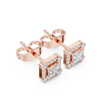 Side profile of rose gold princess halo diamond stud earrings.