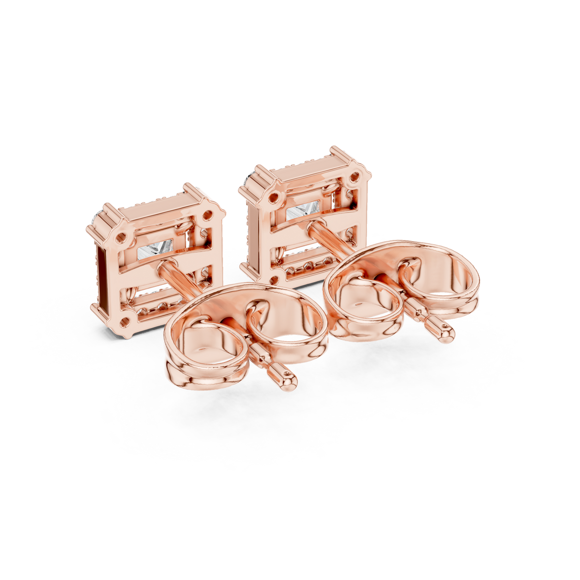 Princess cut halo lab grown diamond stud earrings in gold by Signora Jewels