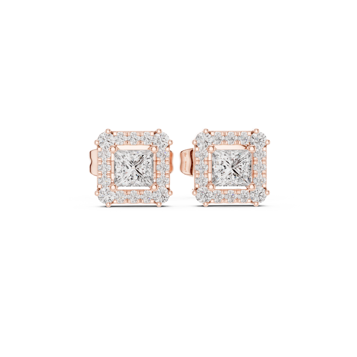 Princess cut halo lab grown diamond stud earrings in gold by Signora Jewels