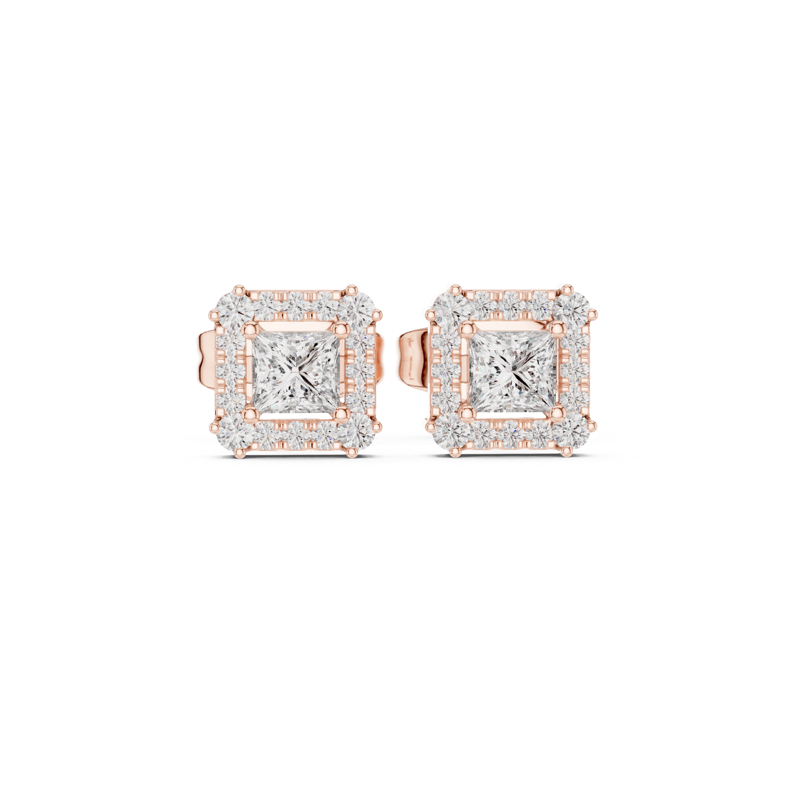 Princess cut halo lab grown diamond stud earrings in gold by Signora Jewels