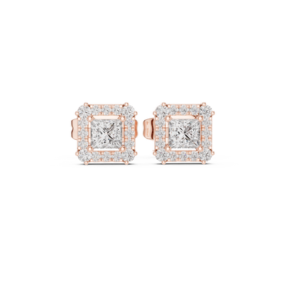 Princess cut halo lab grown diamond stud earrings in gold by Signora Jewels