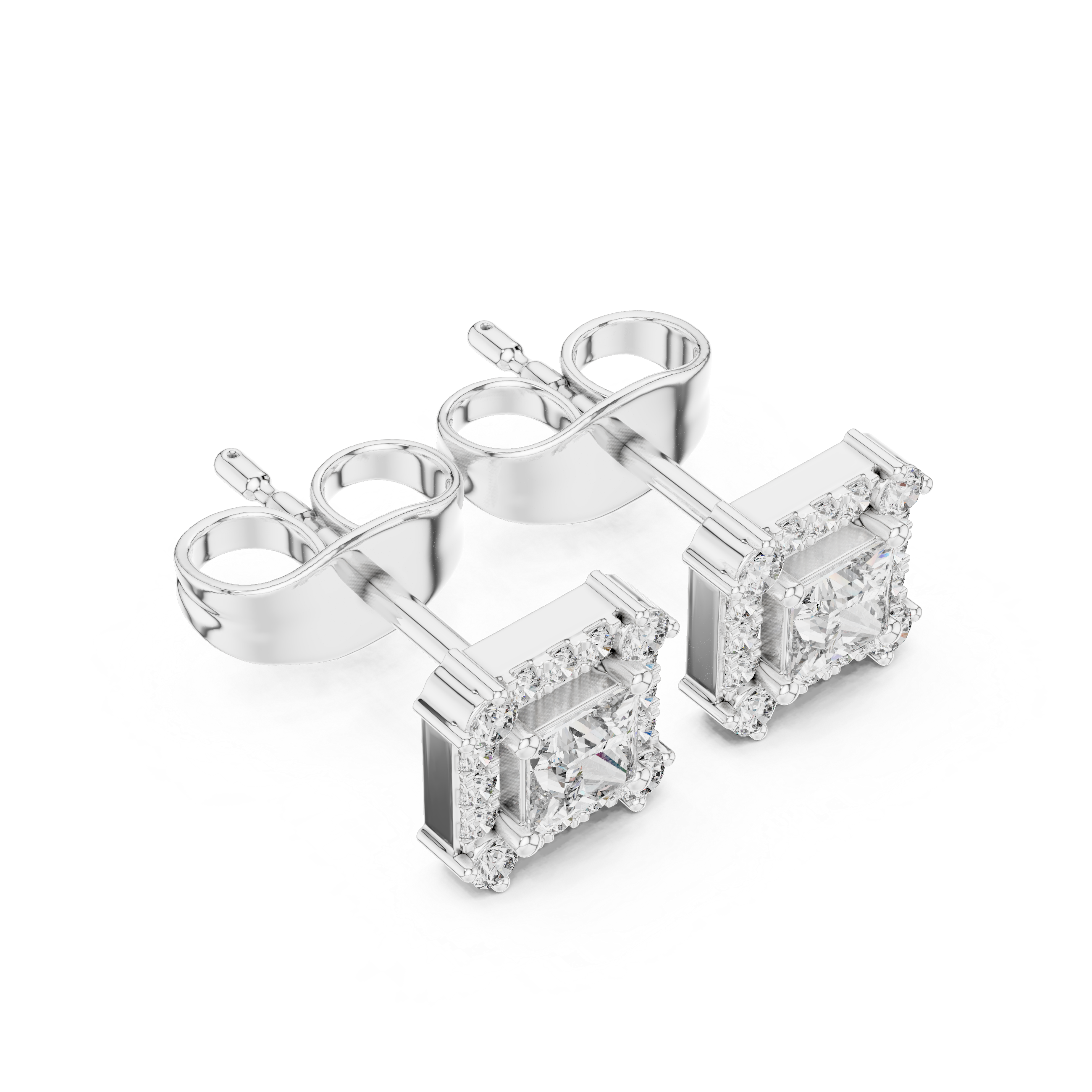 Princess cut halo lab grown diamond stud earrings in gold by Signora Jewels
