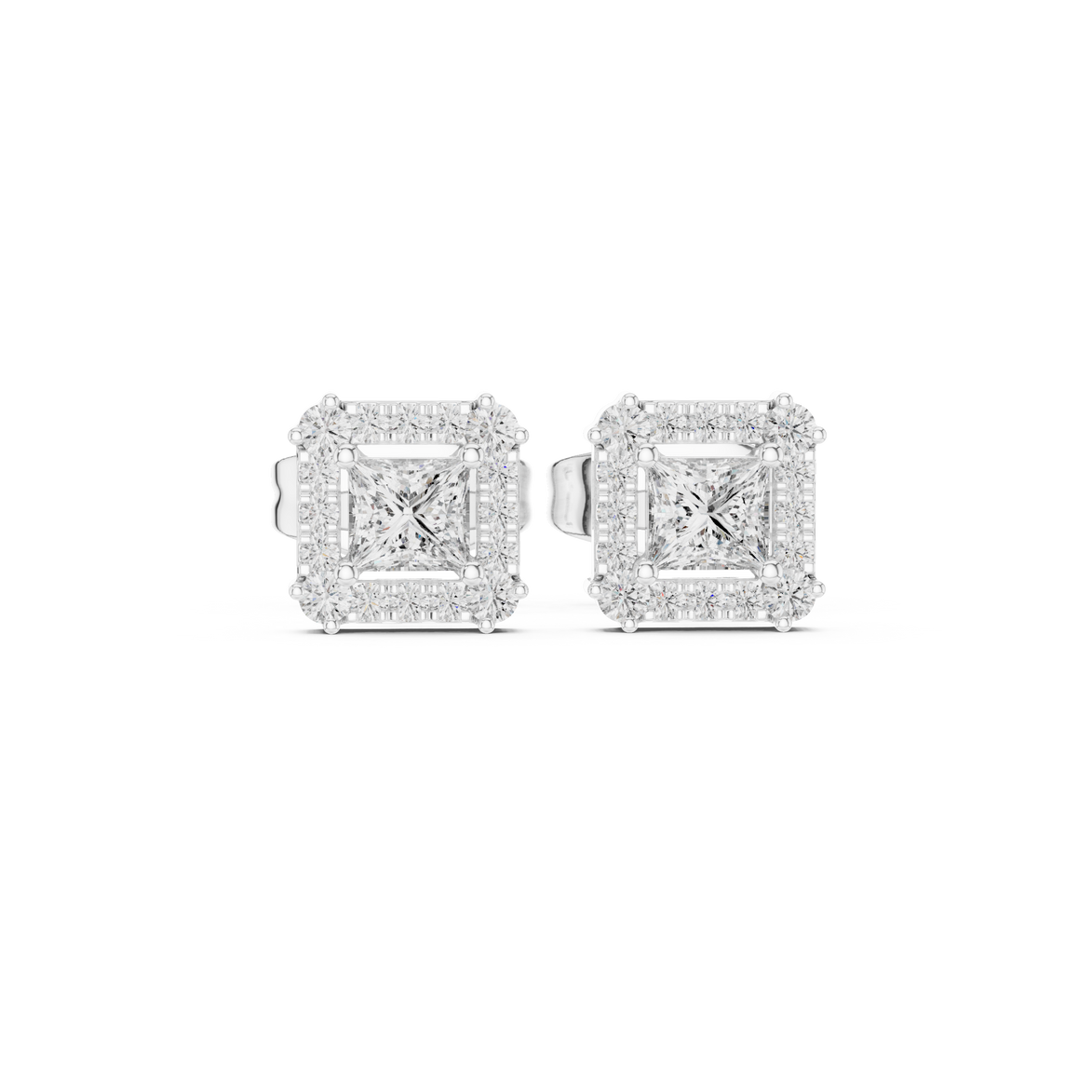 Princess cut halo lab grown diamond stud earrings in gold by Signora Jewels