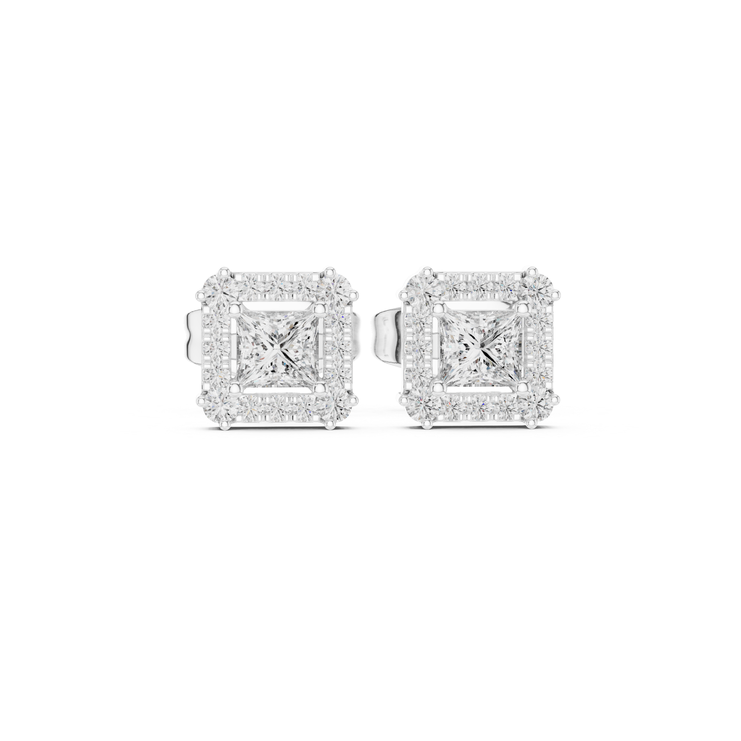 Princess cut halo lab grown diamond stud earrings in gold by Signora Jewels