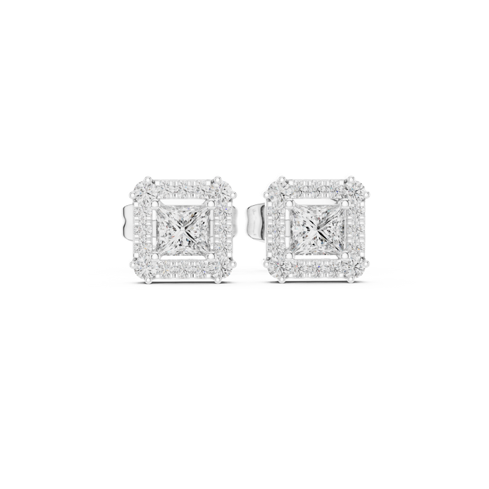 Princess cut halo lab grown diamond stud earrings in gold by Signora Jewels