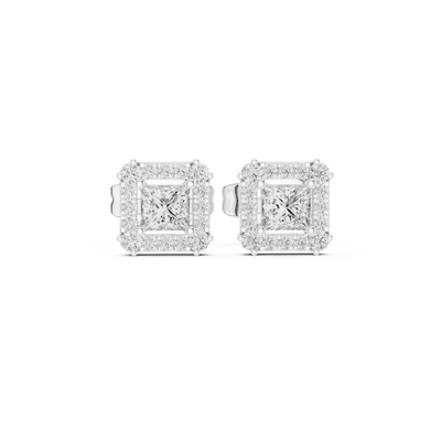 Princess cut halo lab grown diamond stud earrings in gold by Signora Jewels