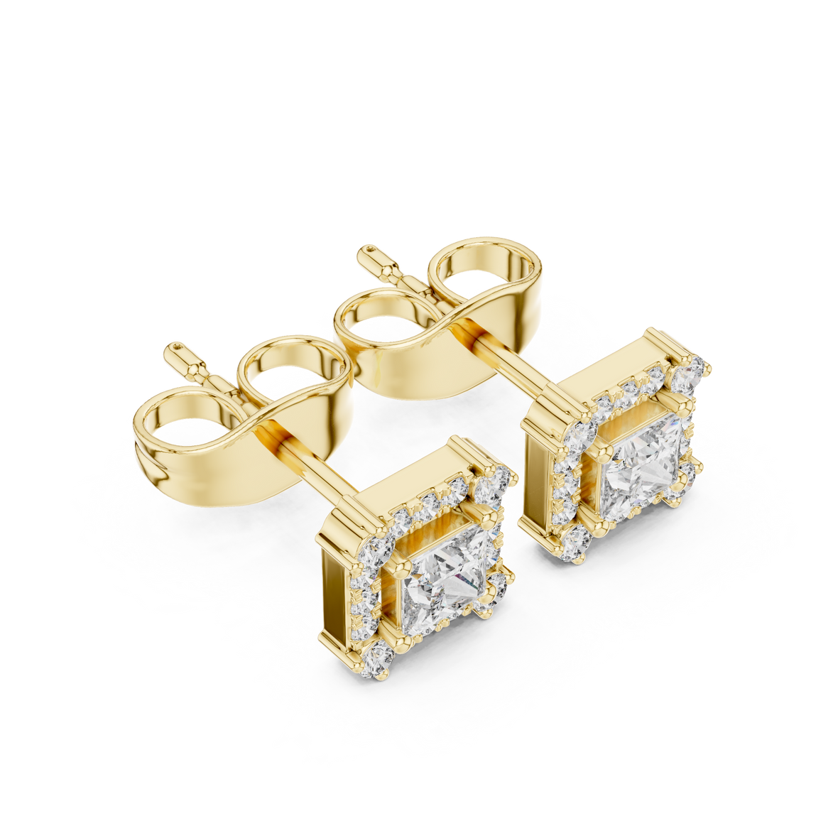 Princess cut halo lab grown diamond stud earrings in gold by Signora Jewels