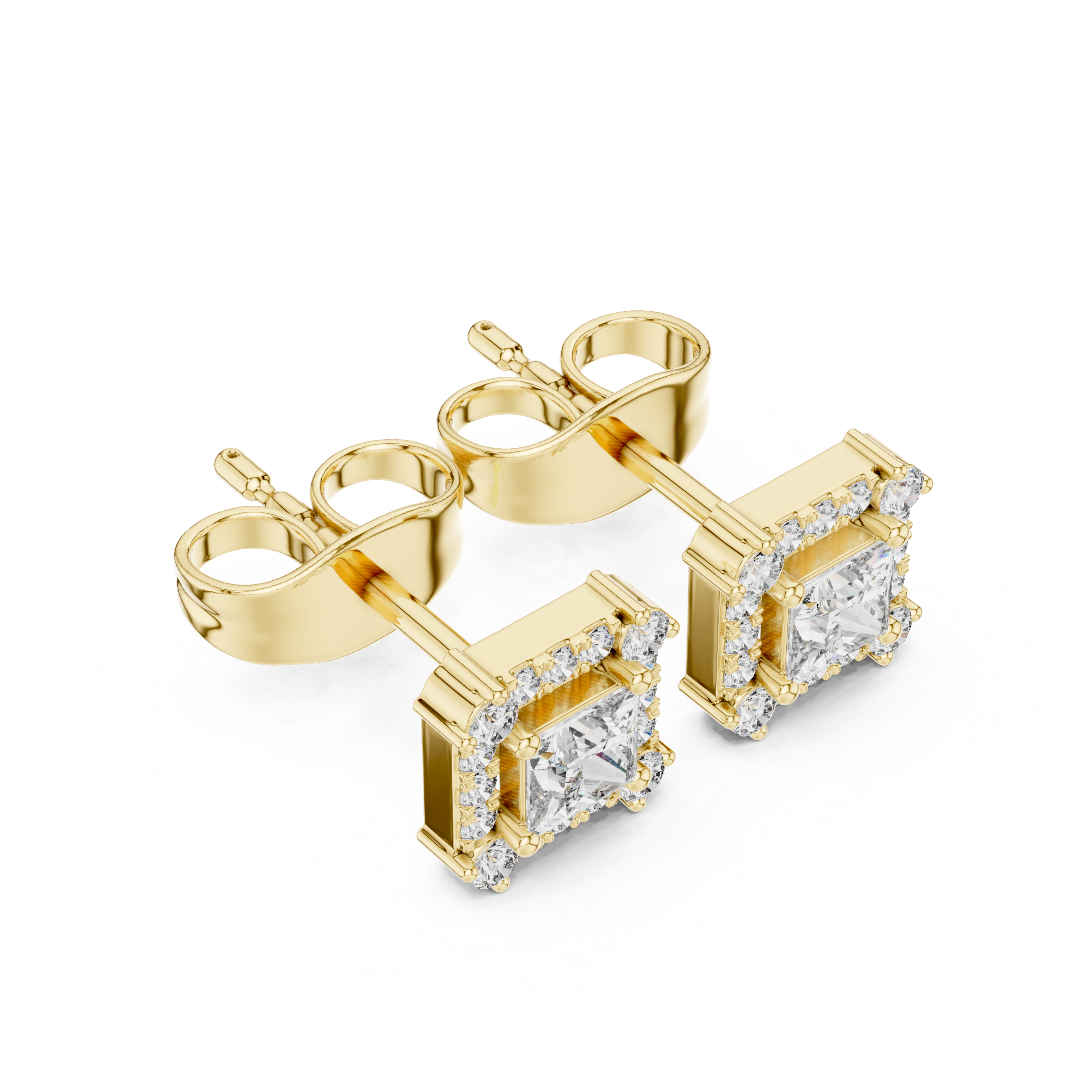 Princess cut halo lab grown diamond stud earrings in gold by Signora Jewels