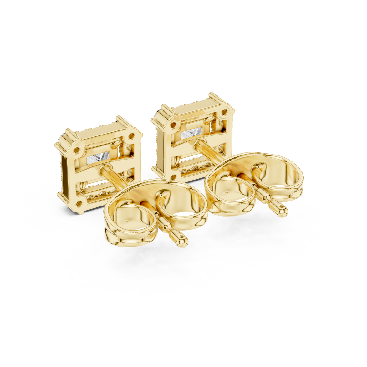 Princess cut halo lab grown diamond stud earrings in gold by Signora Jewels