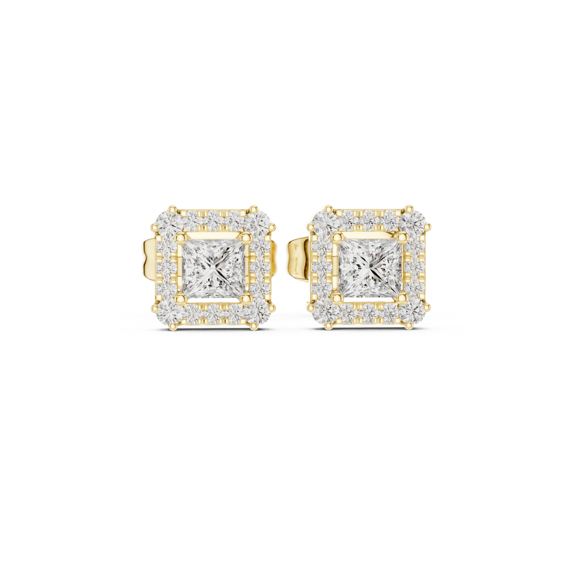 Princess cut halo lab grown diamond stud earrings in gold by Signora Jewels