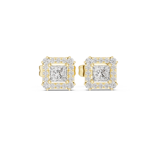Front view of princess cut halo diamond stud earrings in yellow gold.