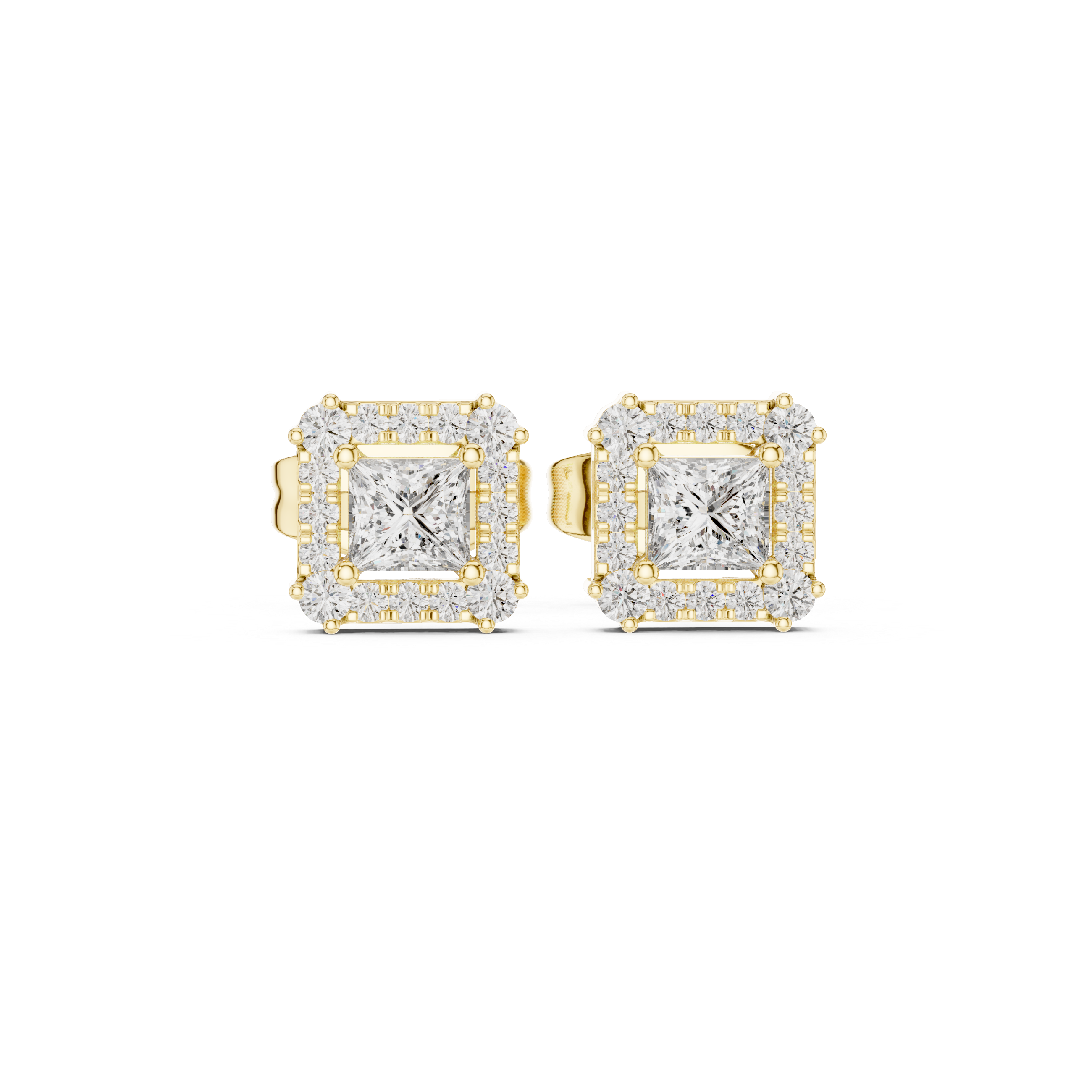 Princess cut halo lab grown diamond stud earrings in gold by Signora Jewels