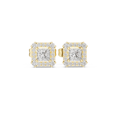 Front view of princess cut halo diamond stud earrings in yellow gold.