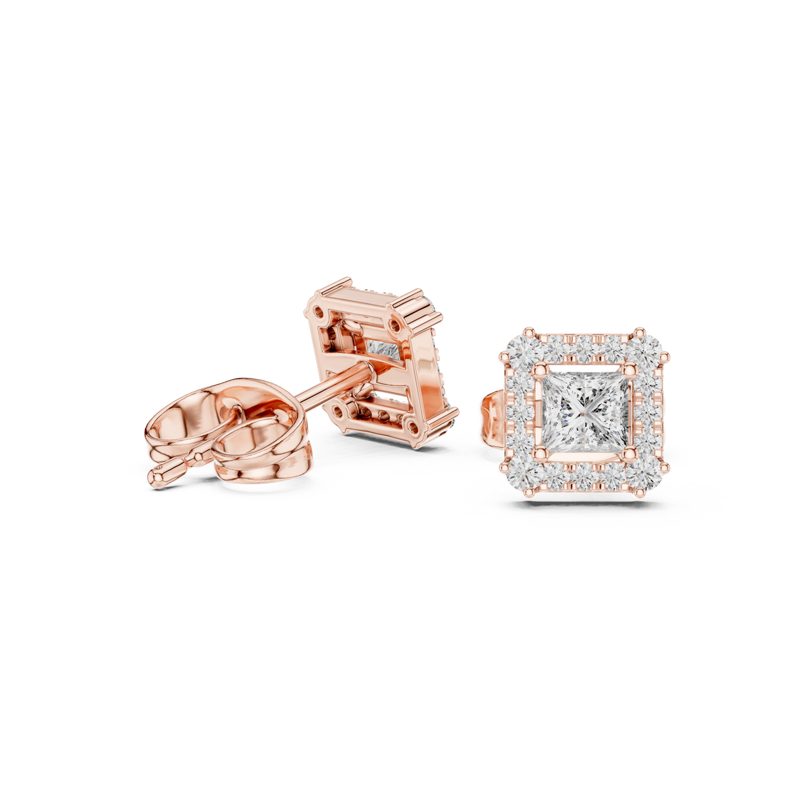 Princess cut halo lab grown diamond stud earrings in gold by Signora Jewels