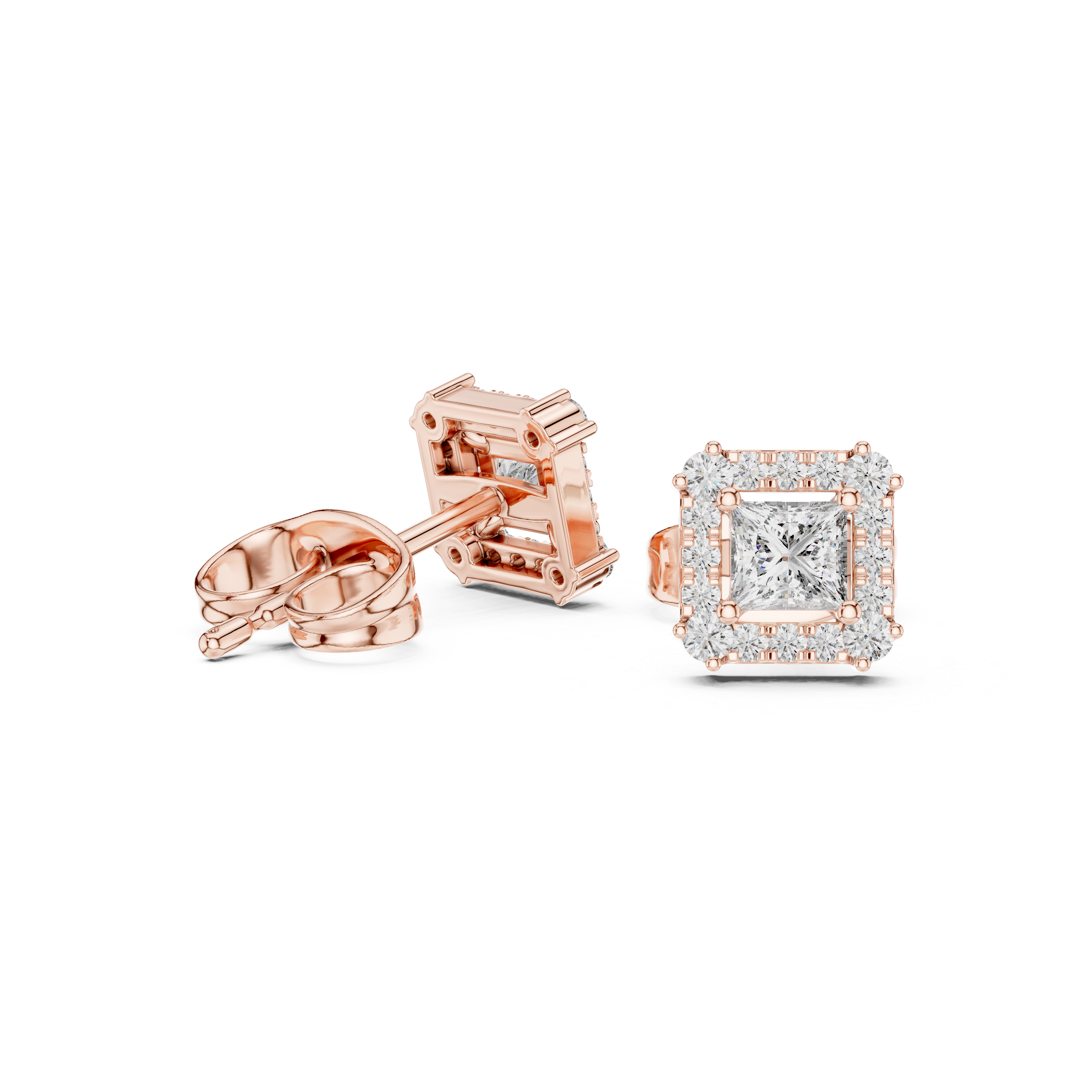 Princess cut halo lab grown diamond stud earrings in gold by Signora Jewels