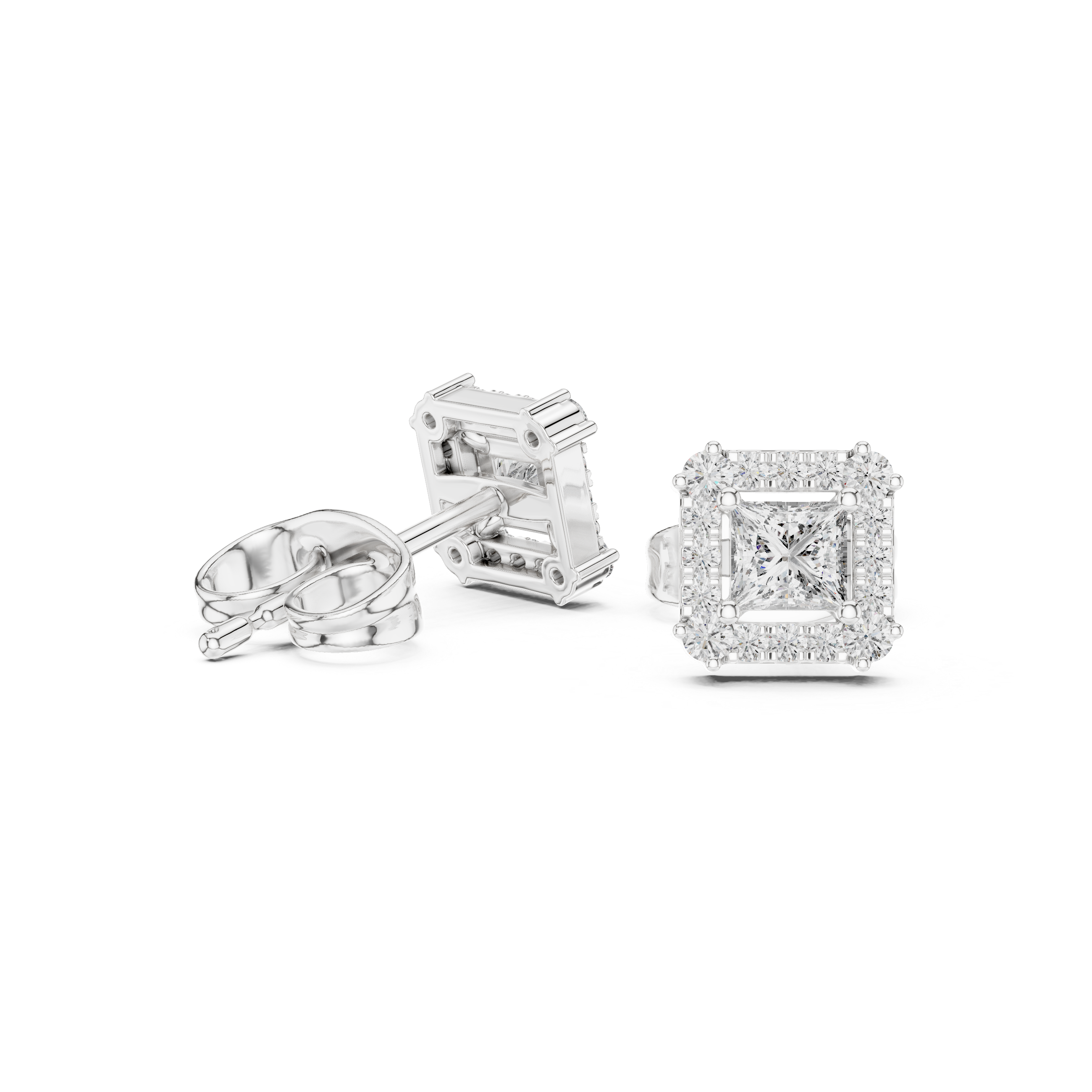 Princess cut halo lab grown diamond stud earrings in gold by Signora Jewels