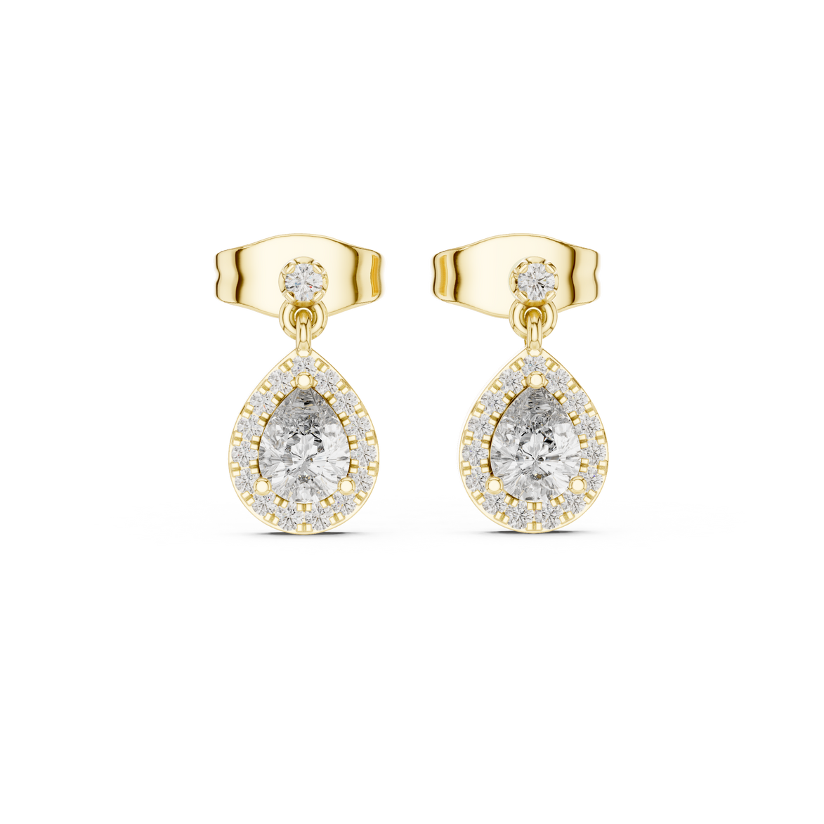 Pear halo lab grown diamond stud earrings in gold by Signora Jewels
